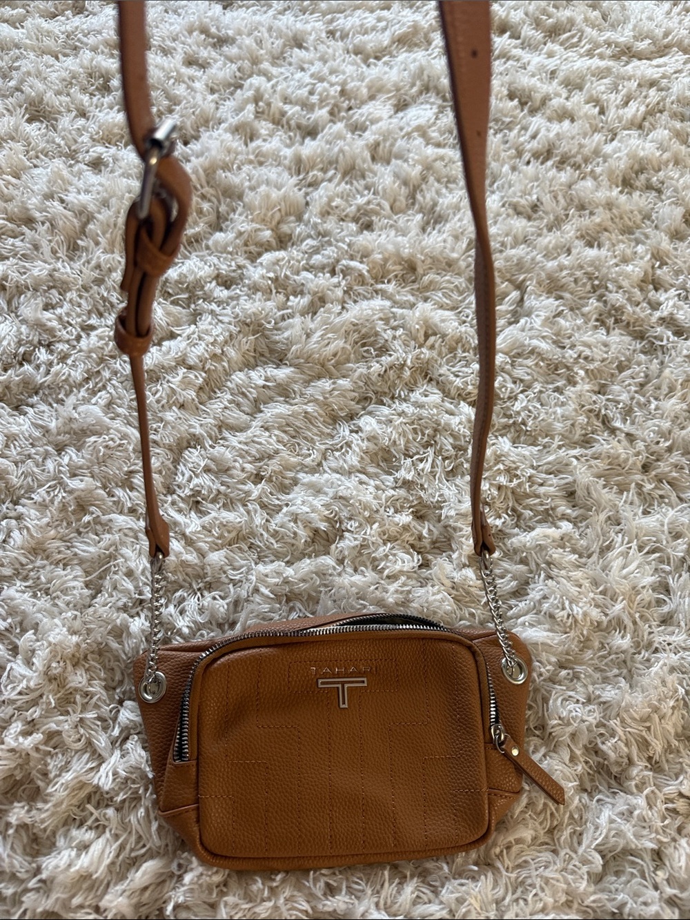 Tahari Tan Pebbled Leather Crossbody with Silver-T Logo - Picture 4 of 4